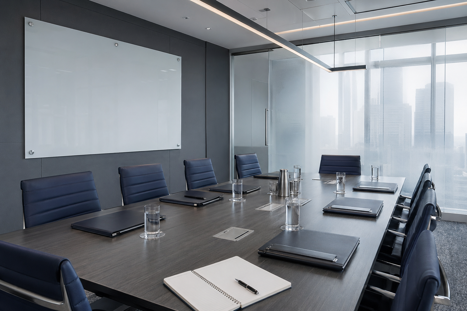 Empty crisis operations briefing room with conference table, blank whiteboard, and city view through frosted glass