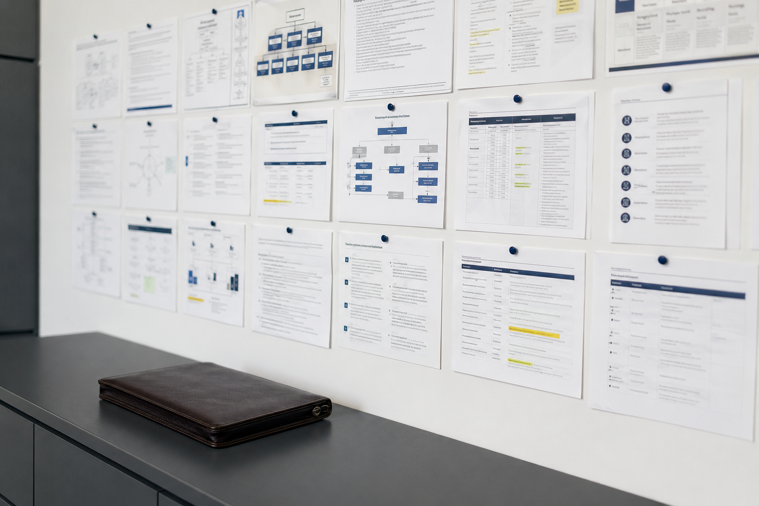 Wall of organized crisis playbook documents and reference materials pinned in a clean grid