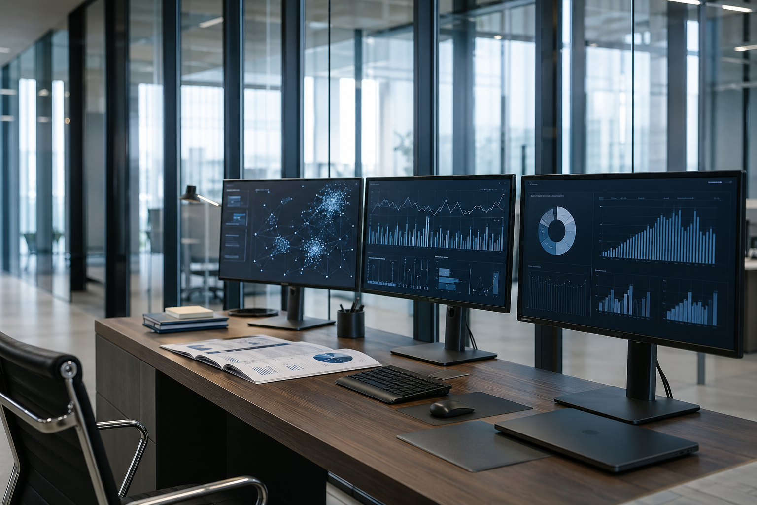 Modern corporate intelligence operations workspace with three monitors showing abstract data visualizations on a long sleek desk in a glass-walled office